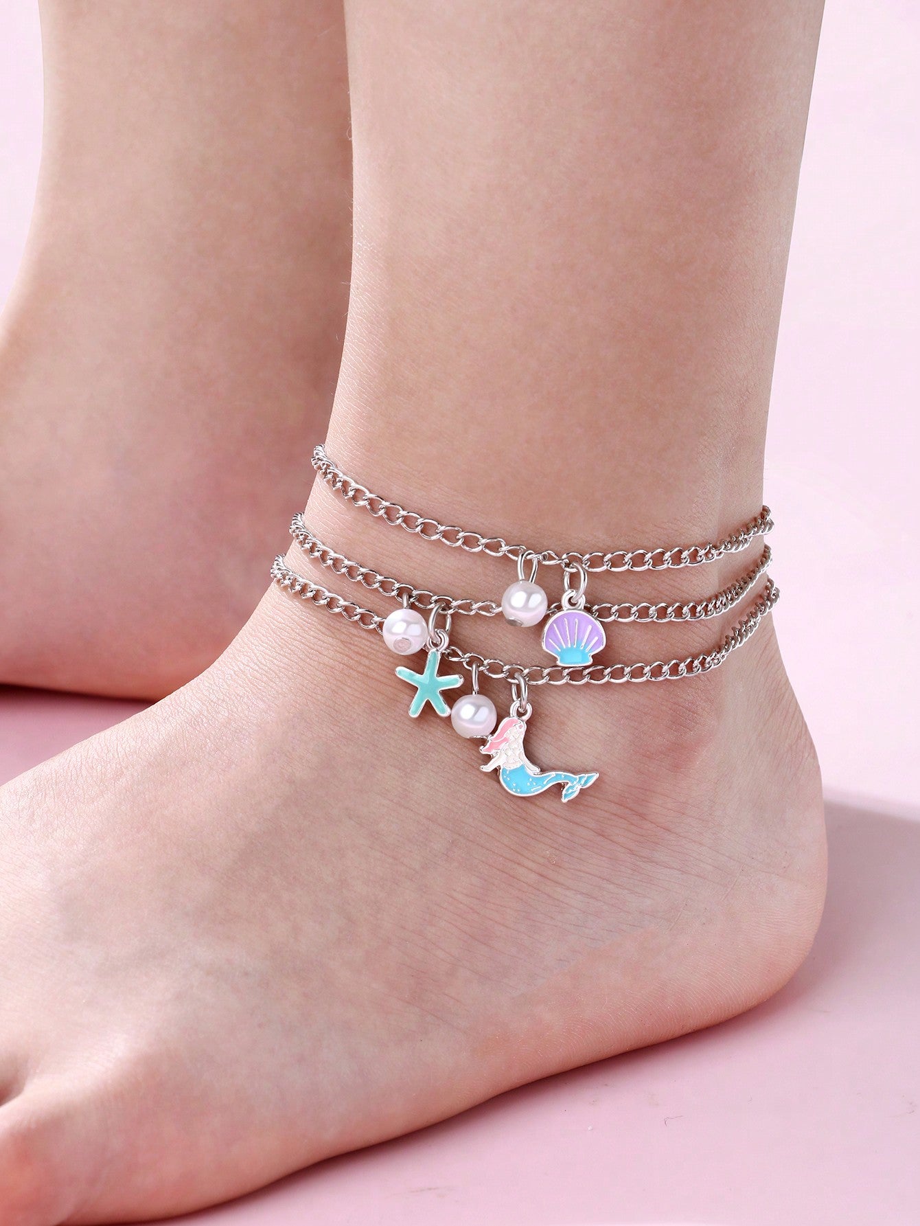 3pcs/Set Girls Mermaid & Starfish & Shell Shaped Zinc Alloy Colorful Oil Drop & Faux Pearl Decor White Anklet Set, Perfect For Wearing During Vacation Tourist Season