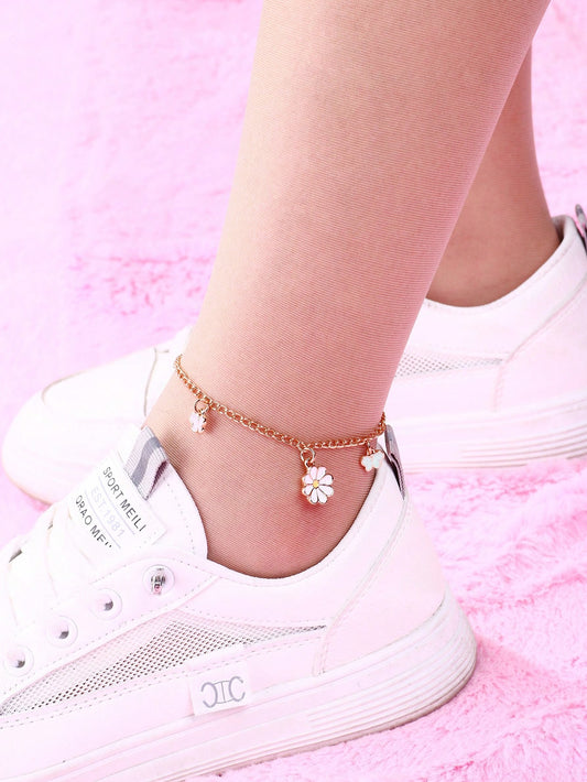 1pc Girls' Zinc Alloy Butterfly & Flower Shaped Cute Pendant Anklet, With Drop-Shaped Beads And Golden Color Iron Chain, Perfect For Summer Vacation And Holiday Season Jewelry Decoration