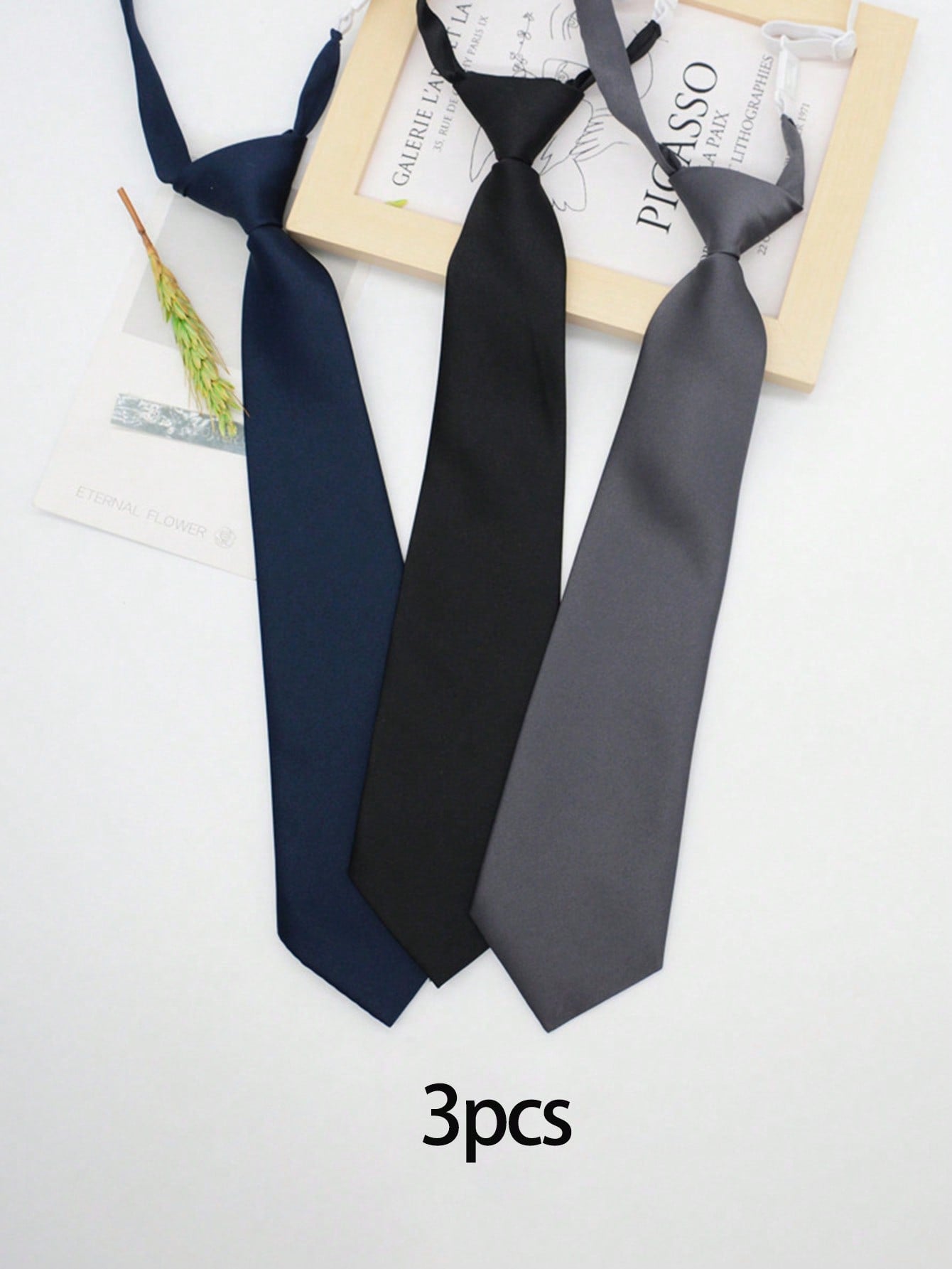 3pcs Kids Pre-Tied Necktie, School Uniform Tie, Black, Dark Grey, Navy Blue