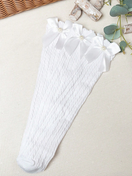 3pairs Girls' White Bowknot Straight Tube Knee High Socks, Sweet And Versatile For Daily Wear