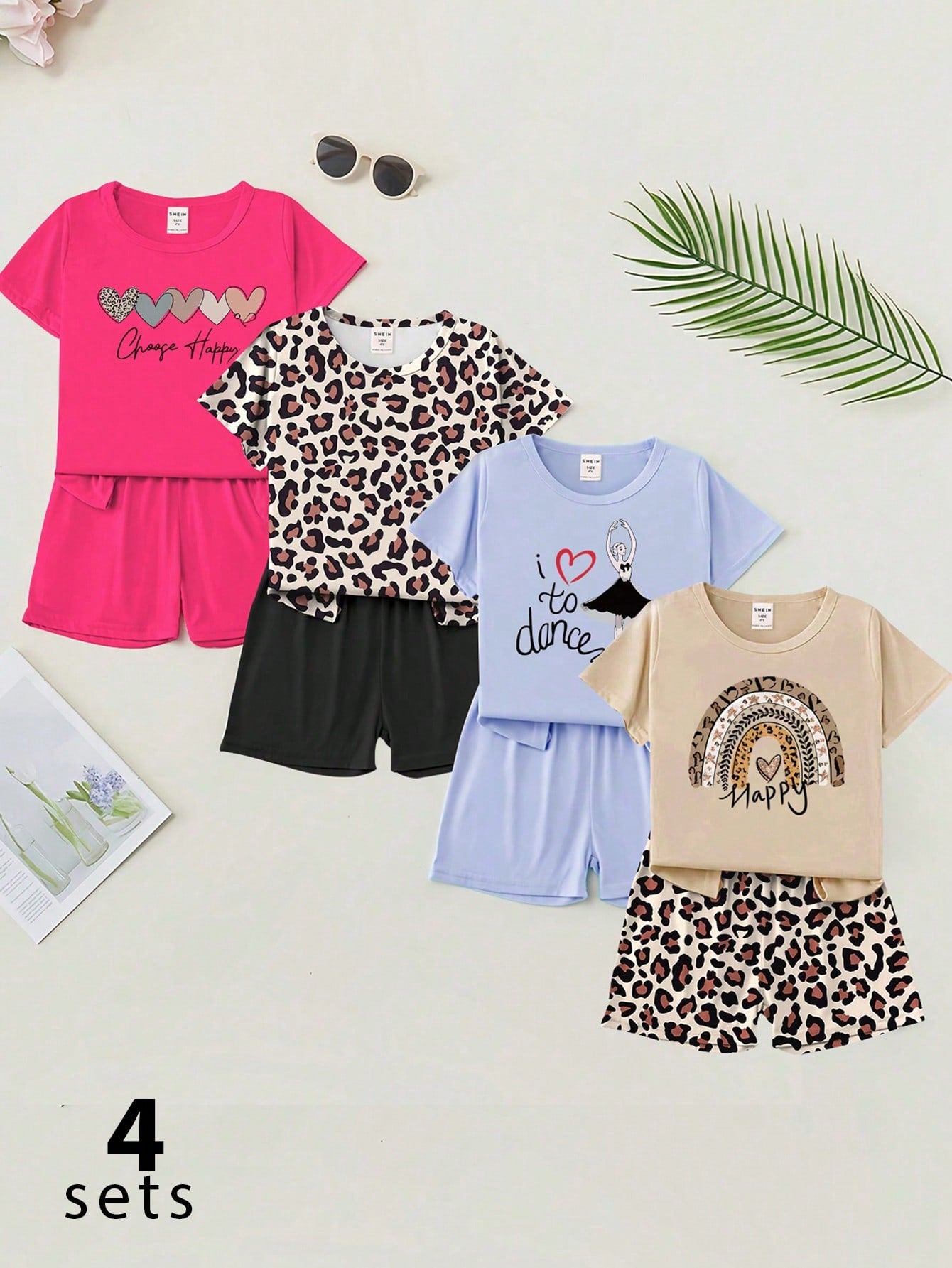 Young Girl 4 Sets Of Trendy Short-Sleeved T-Shirts & Short Leggings Printed With Bicycle & Letter Pattern For Summer