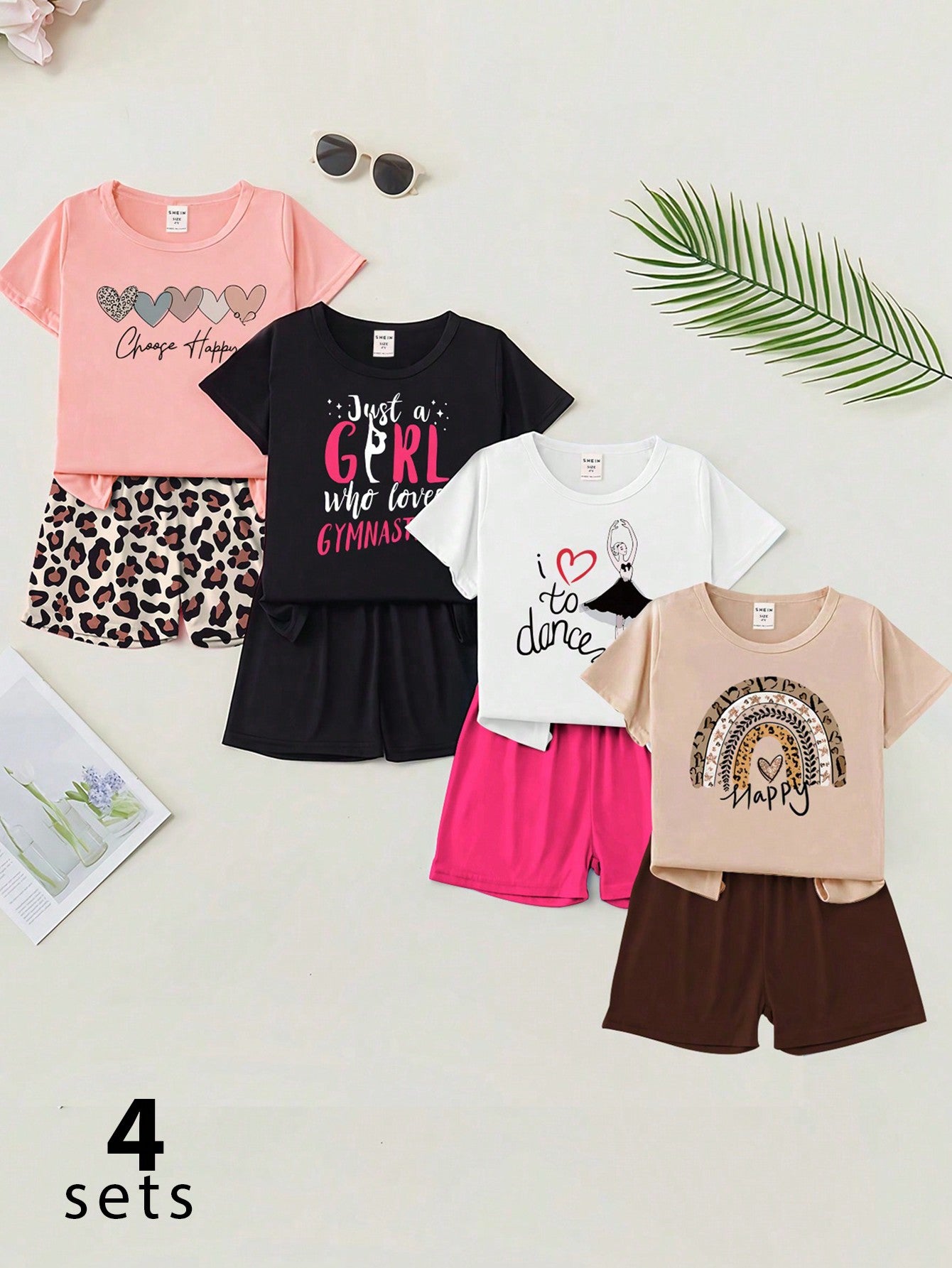 Young Girl 4 Sets Of Trendy Short-Sleeved T-Shirts & Short Leggings Printed With Bicycle & Letter Pattern For Summer