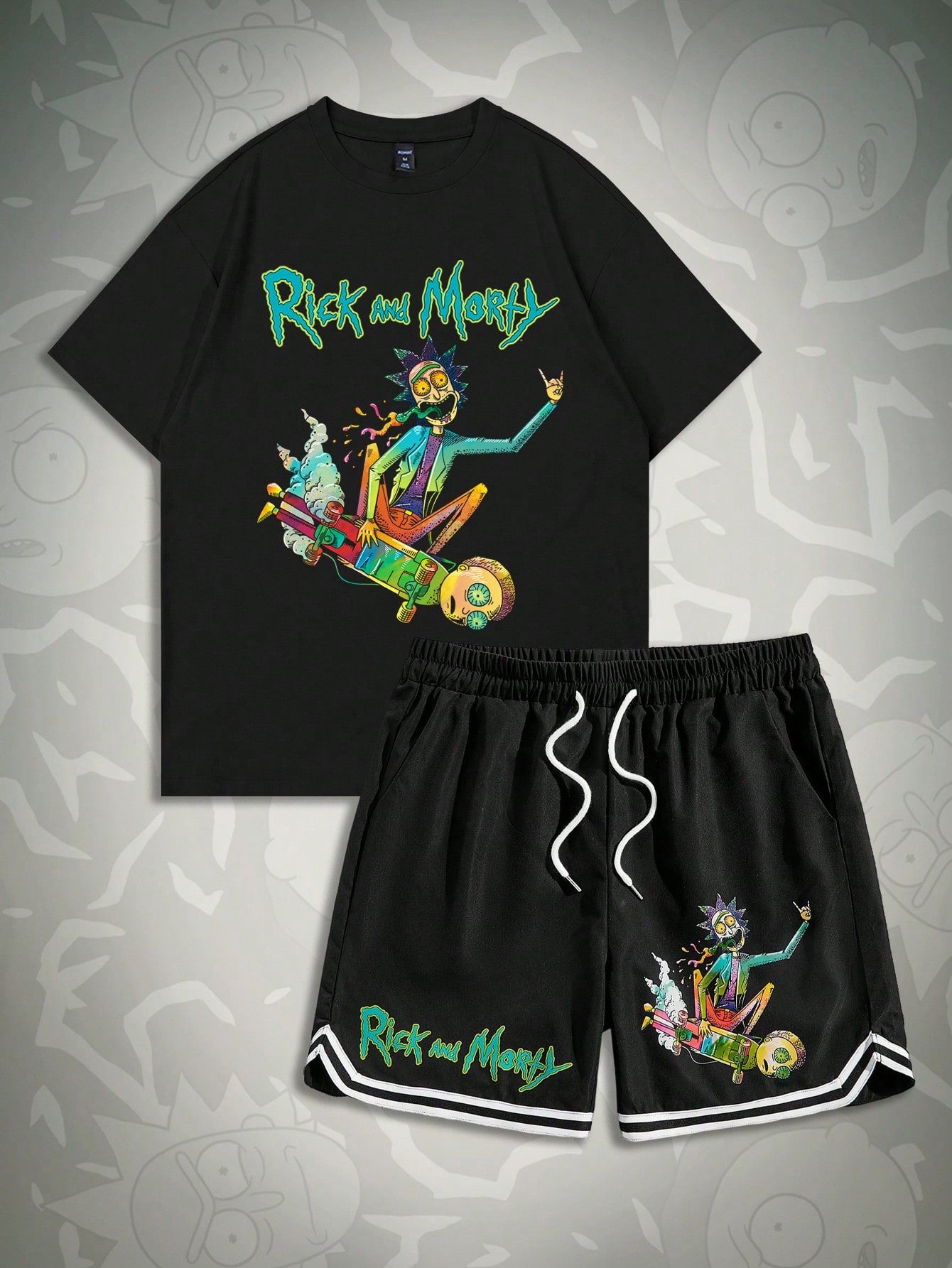 Rick and Morty | Men's Casual Cartoon Character & Letter Print Short Sleeve T-Shirt And Drawstring Waist Shorts Summer Outfits