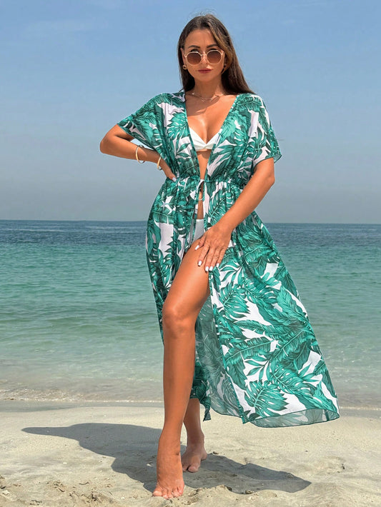 Swim Holiday Tropical Print Long Kimono,Summer Beach