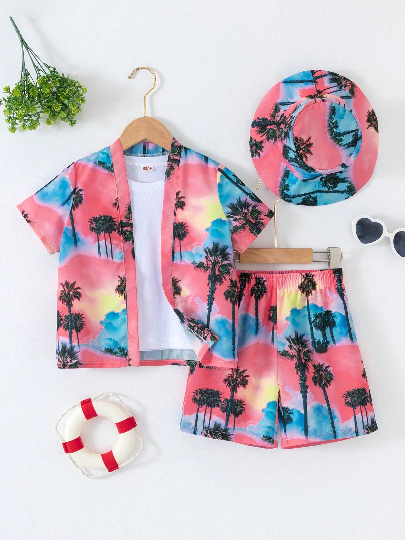 Young Boy Tropical Print Kimono & Swim Shorts & Swim Cap