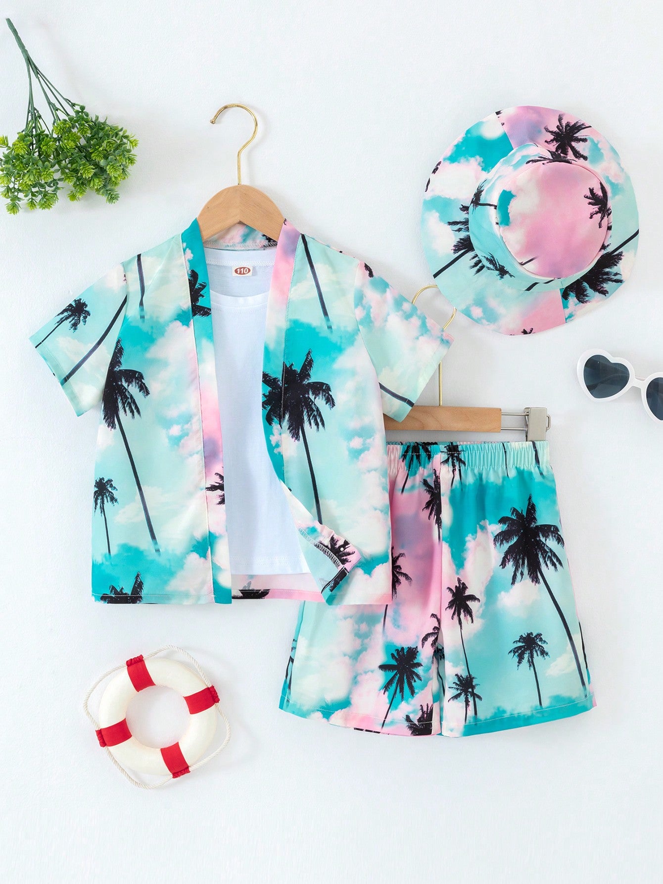 Young Boy Tropical Print Kimono & Swim Shorts & Swim Cap