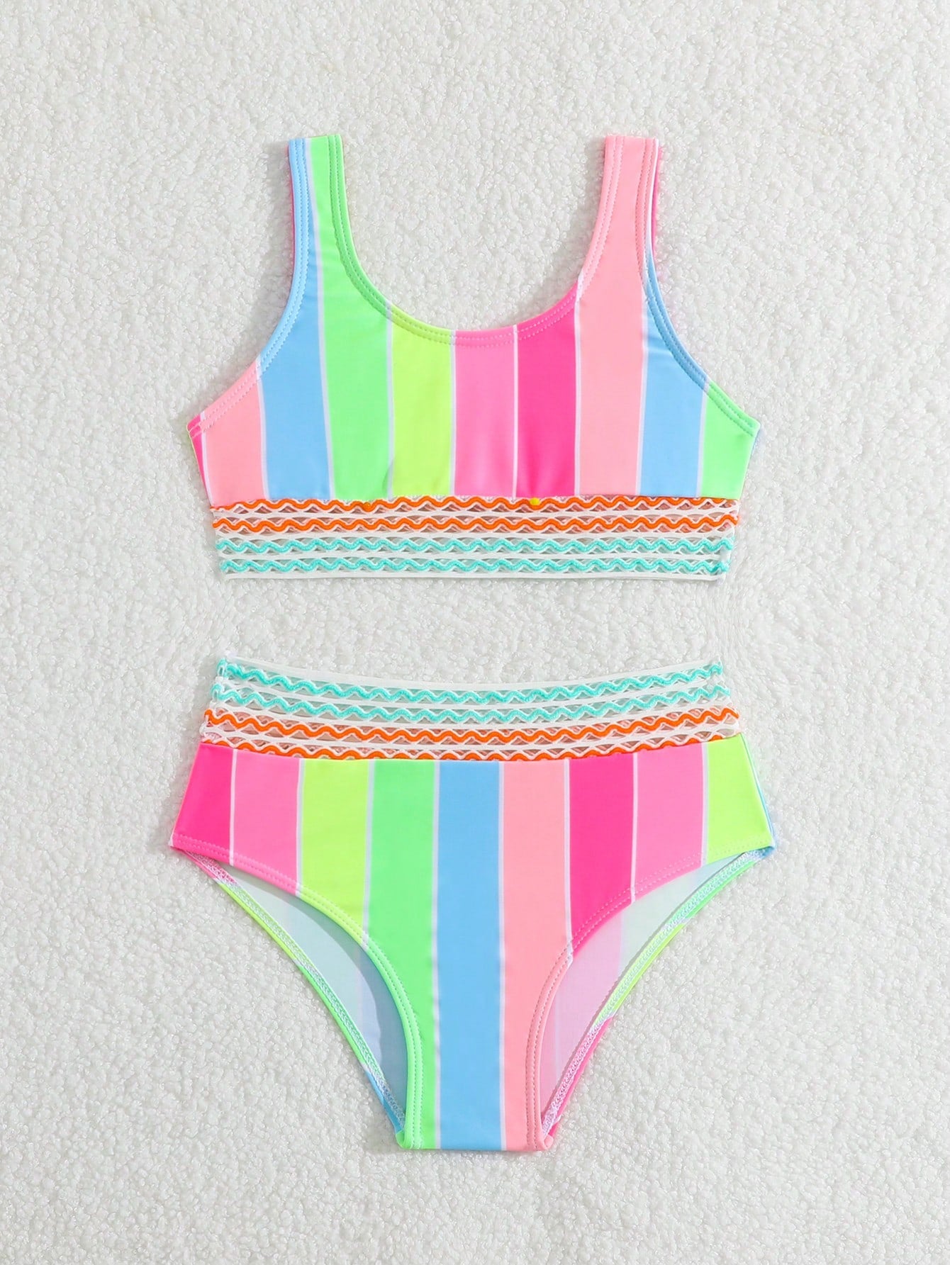 Young Girl Rainbow Neon Striped Cute Bikini Set Bathing Suit Summer Beach