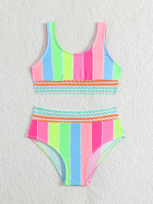 Young Girl Rainbow Neon Striped Cute Bikini Set Bathing Suit Summer Beach