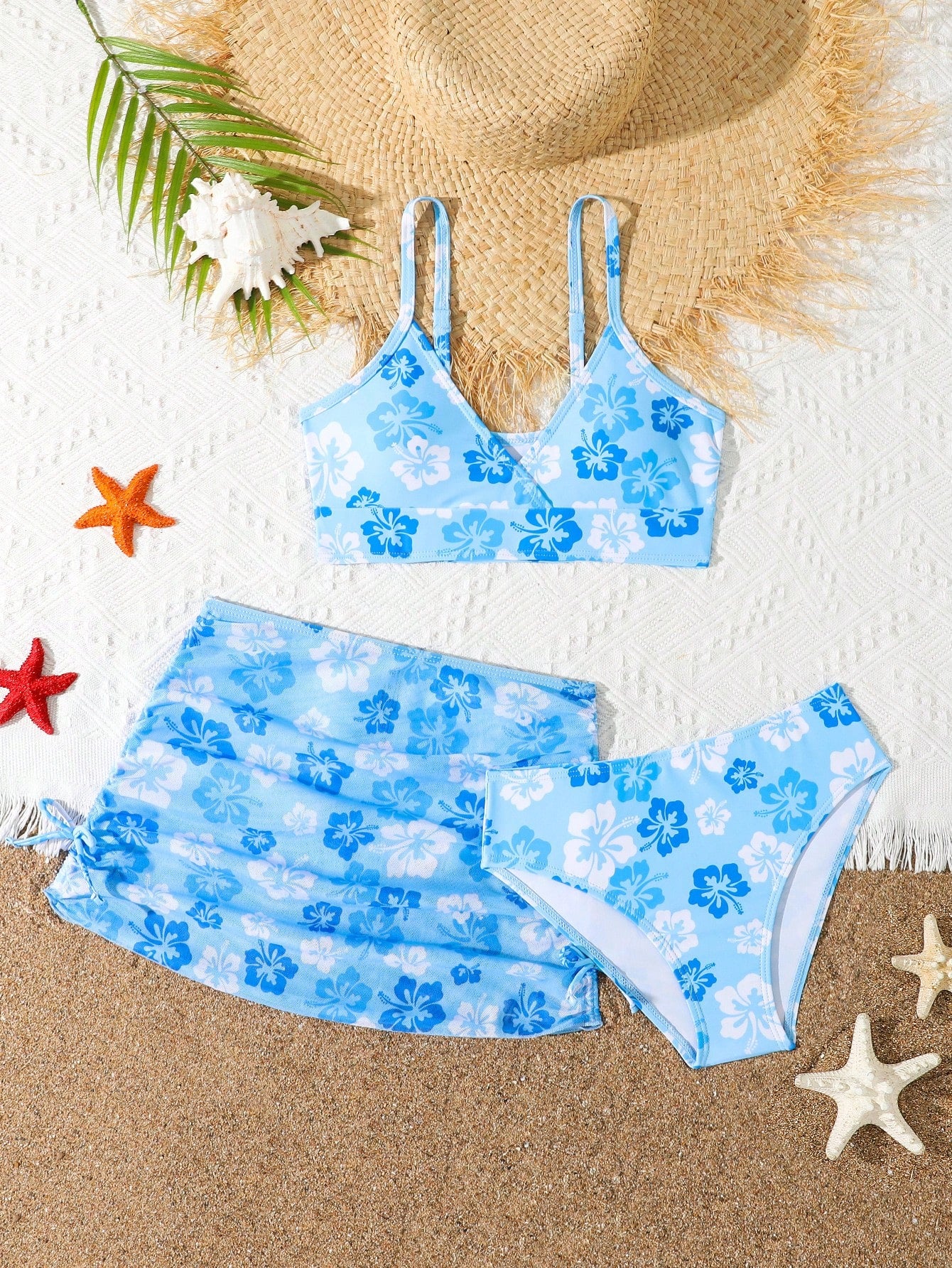 Tween Girl Random Floral Print Bikini Set And Drawstring Side Bikini Set Skirt Summer Beach