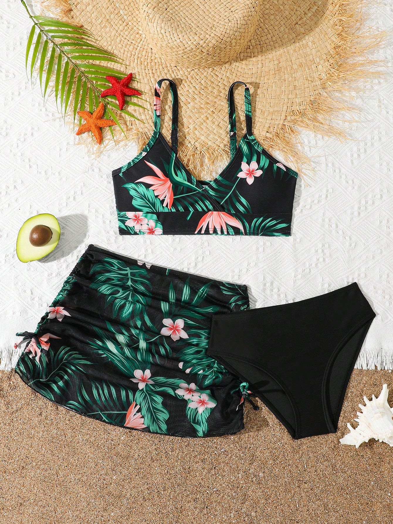 Tween Girl Random Floral Print Bikini Set And Drawstring Side Bikini Set Skirt Summer Beach