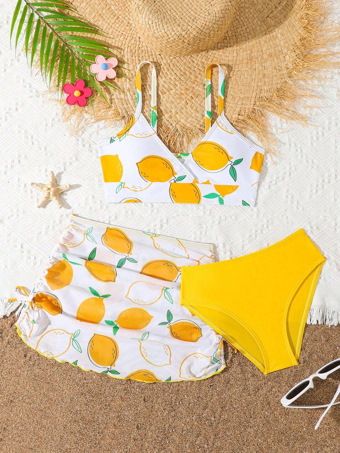 Tween Girl 3pcs Separated Bikini Set, Random Prints Summer Beach