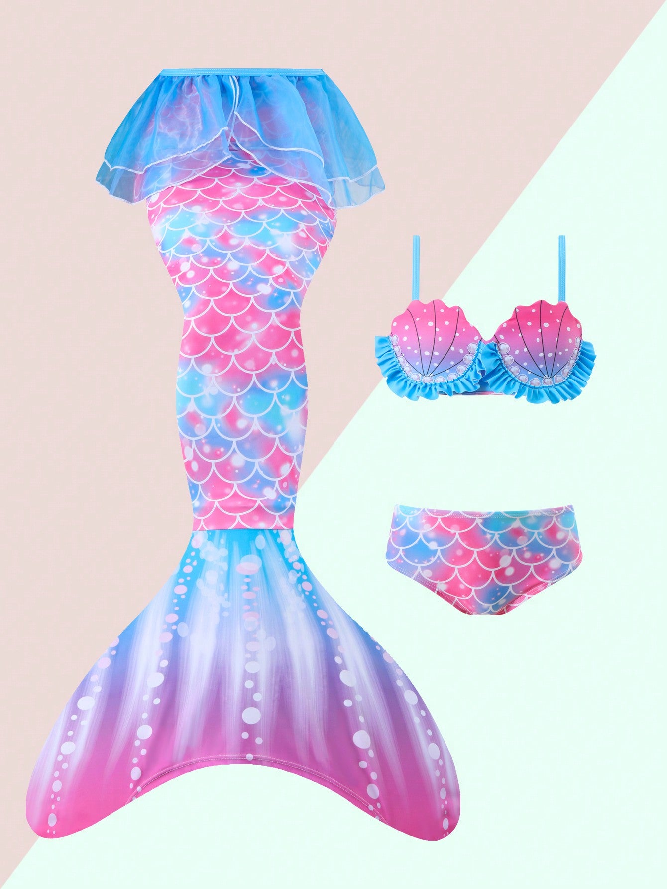 Young Girl Mermaid Scale Printed Three-Piece Bikini Set With Ruffled Hem And Split Design, No Lock Edge, Bathing Suit Beach Outfit Swimming Costume Summer Vacation Summer Beach