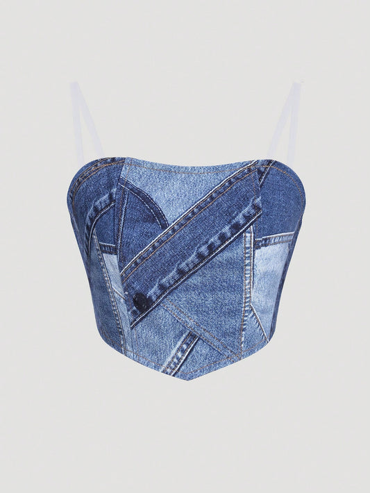 Teen Girl Fashionable Tube Denim Top With Patchwork Pattern