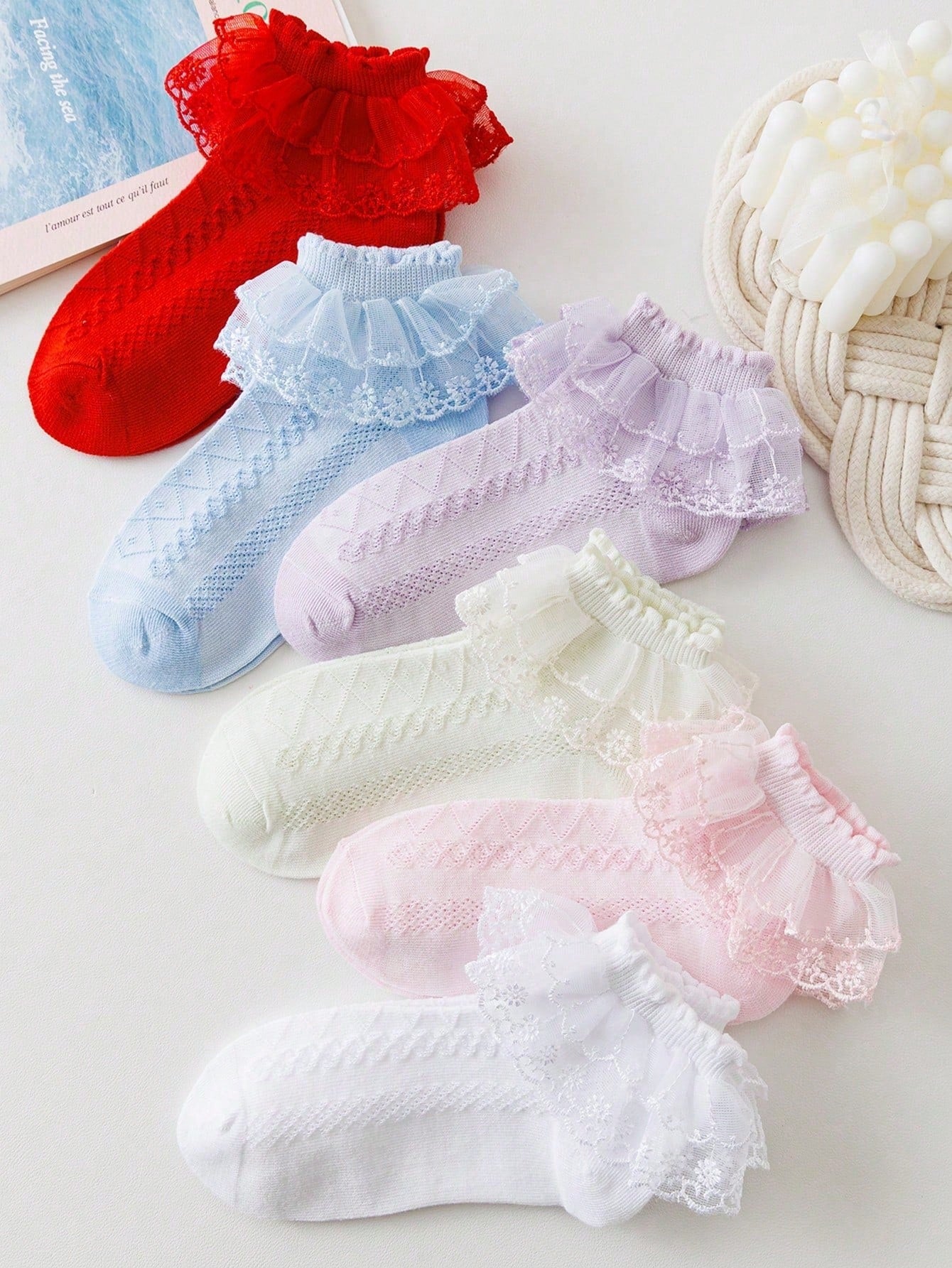 6pairs New Style Lace Edge Socks For Girls, Suitable For Daily Wear, Solid Color, Dance, Six Colors Available