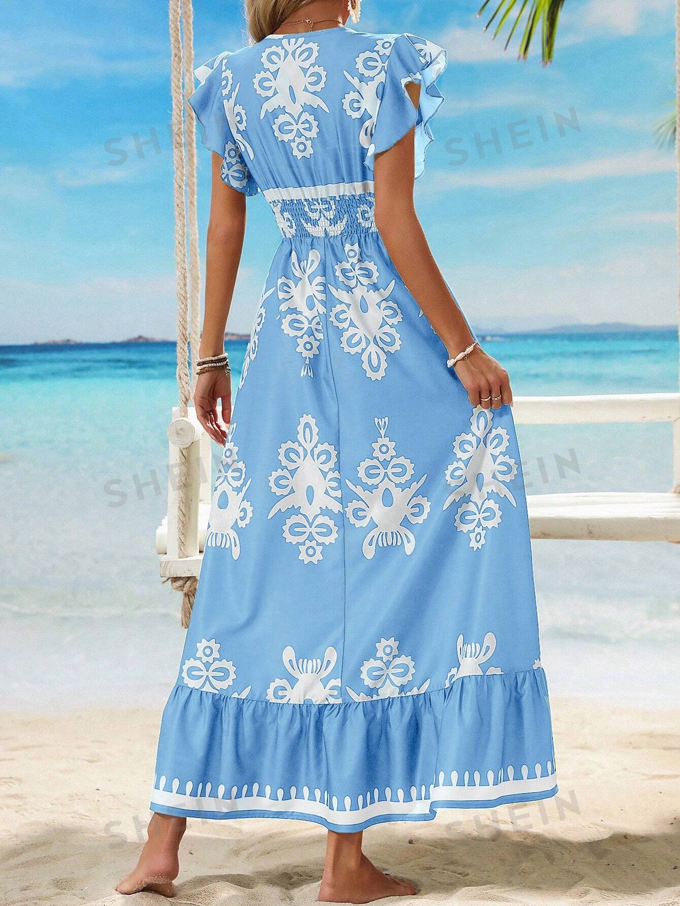 Clasi V-Neck Printed Waist Tie Short Flutter Sleeve Vacation Dress