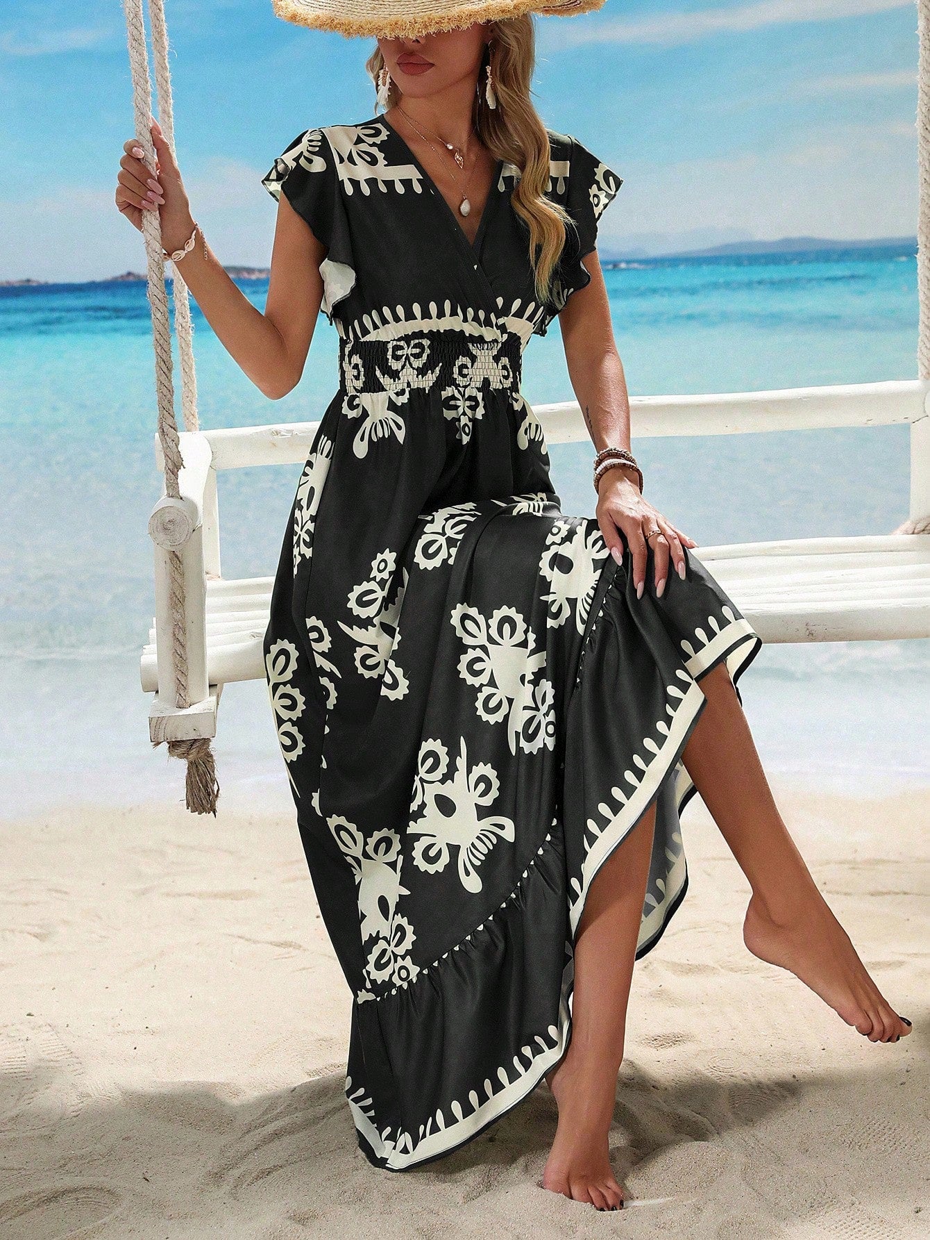 Clasi V-Neck Printed Waist Tie Short Flutter Sleeve Vacation Dress