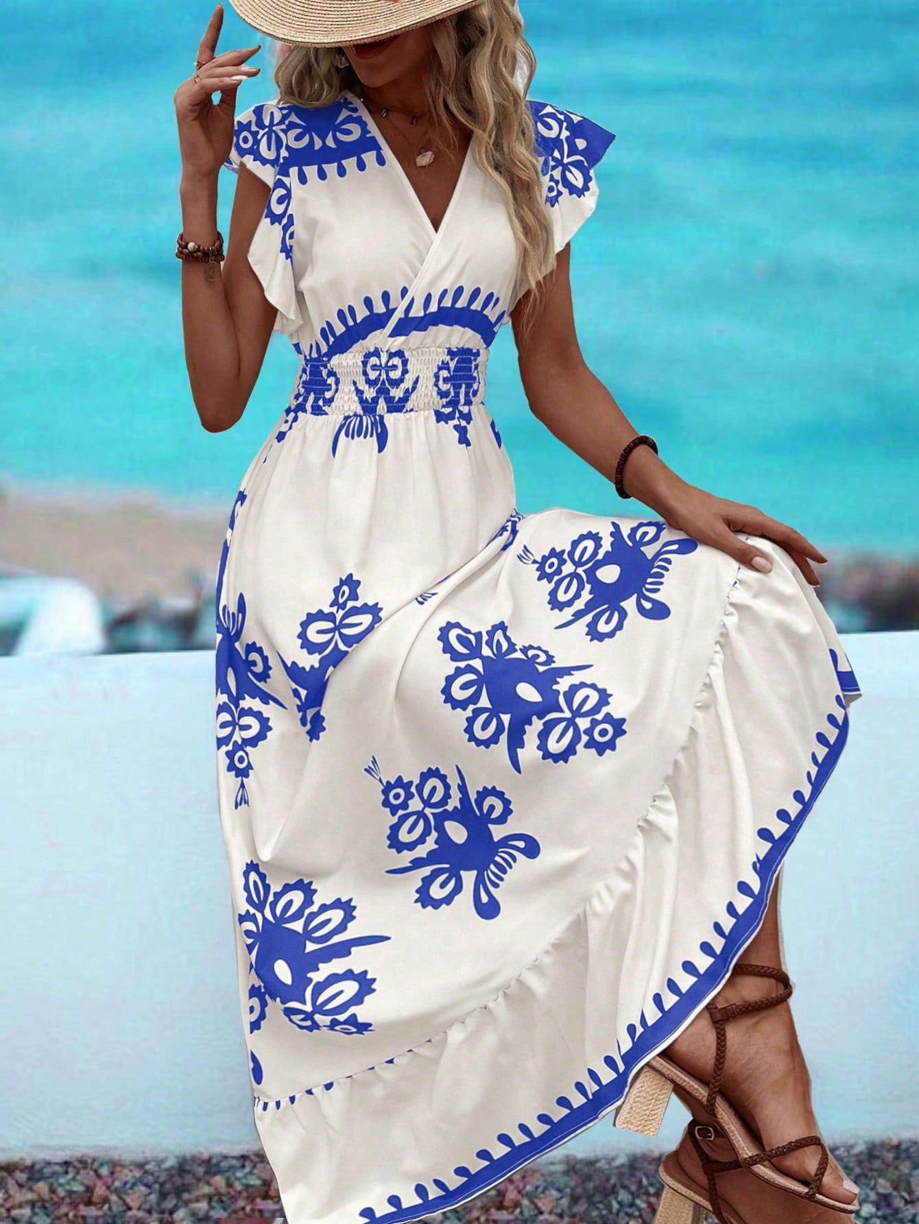 Clasi V-Neck Printed Waist Tie Short Flutter Sleeve Vacation Dress