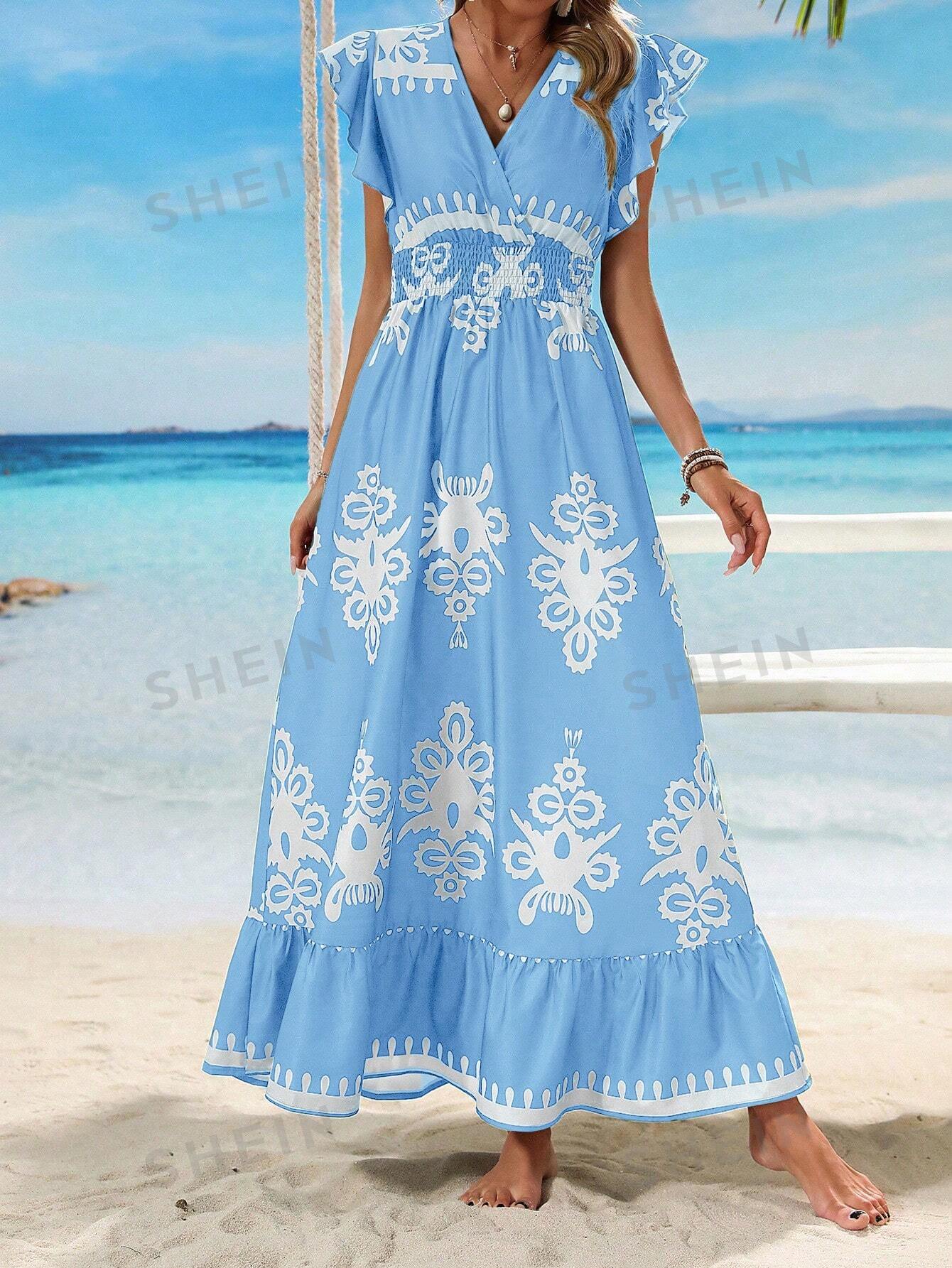 Clasi V-Neck Printed Waist Tie Short Flutter Sleeve Vacation Dress