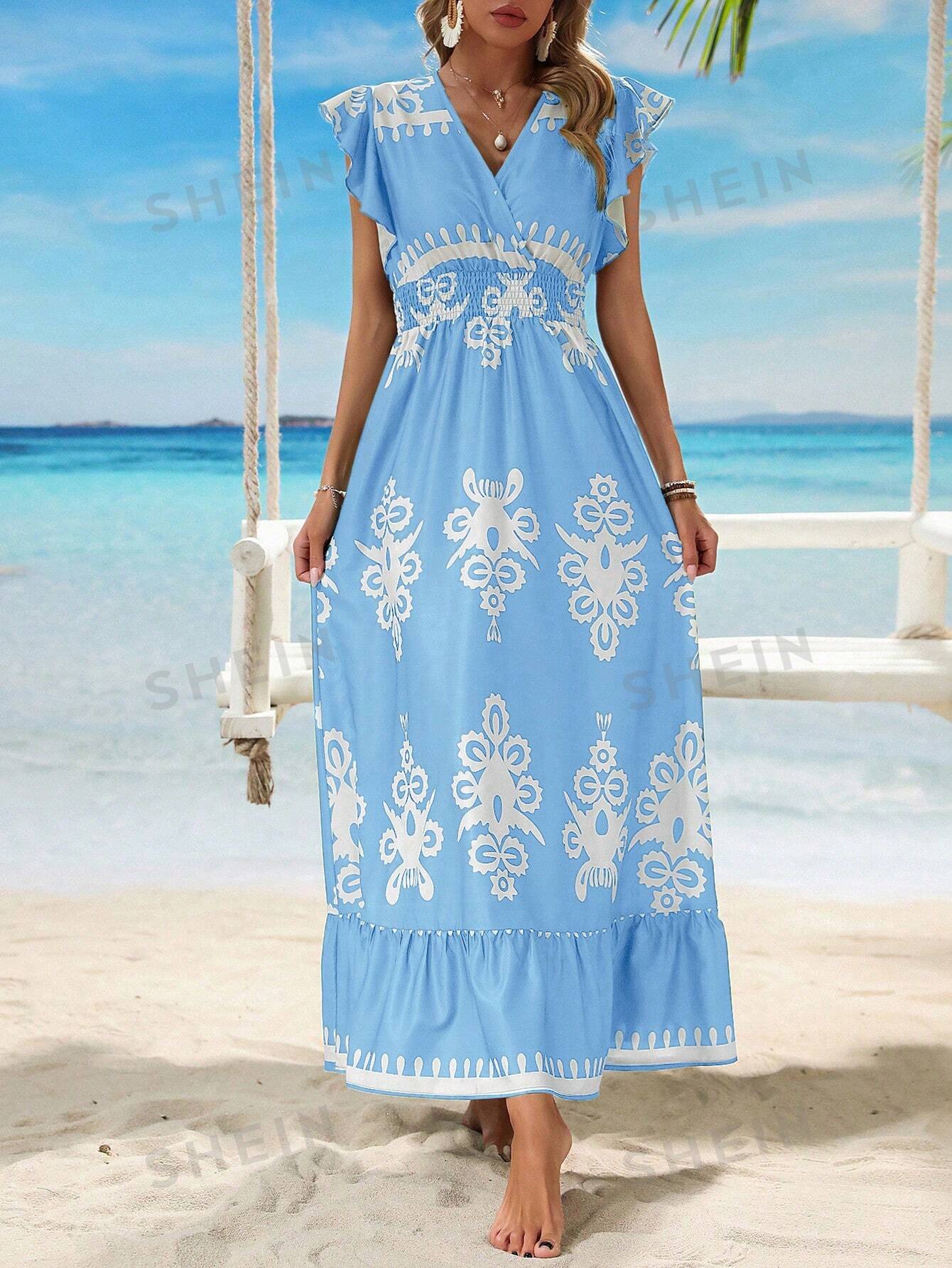 Clasi V-Neck Printed Waist Tie Short Flutter Sleeve Vacation Dress