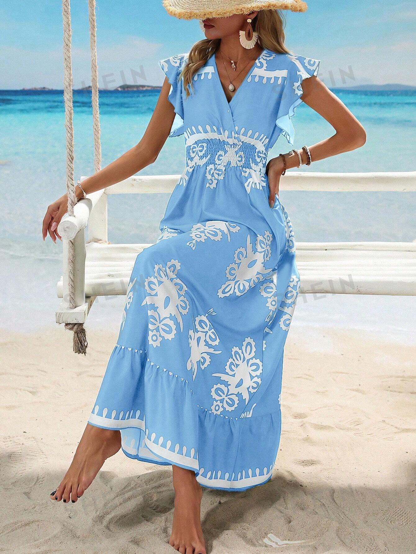 Clasi V-Neck Printed Waist Tie Short Flutter Sleeve Vacation Dress