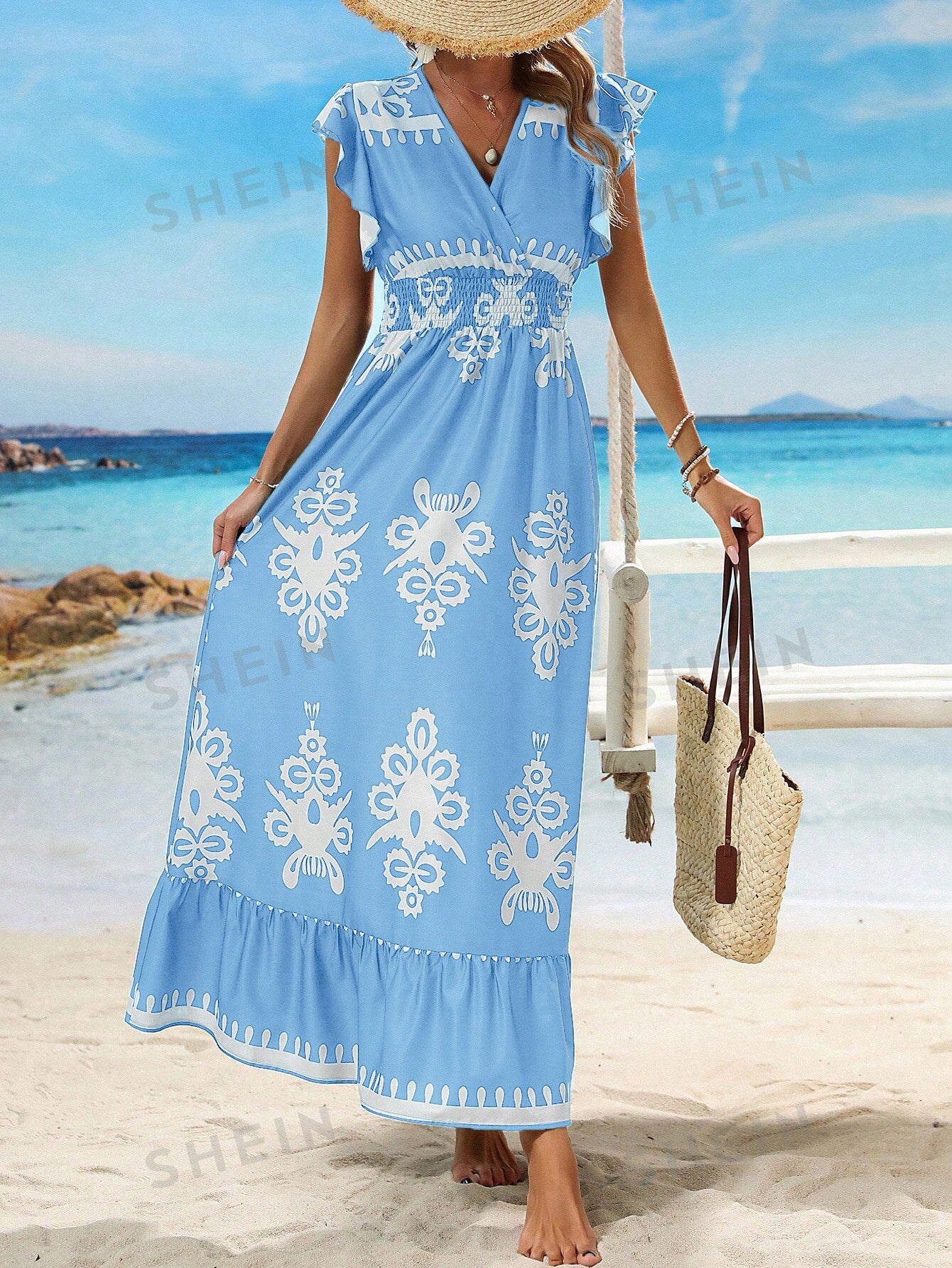 Clasi V-Neck Printed Waist Tie Short Flutter Sleeve Vacation Dress