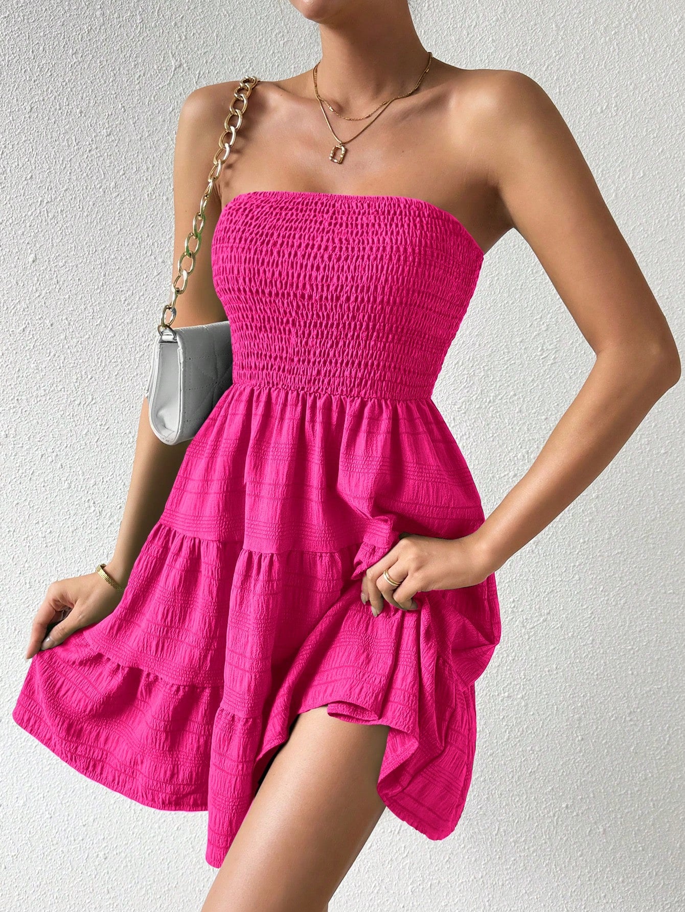 Solid Color Ruffles Hem Strapless Dress