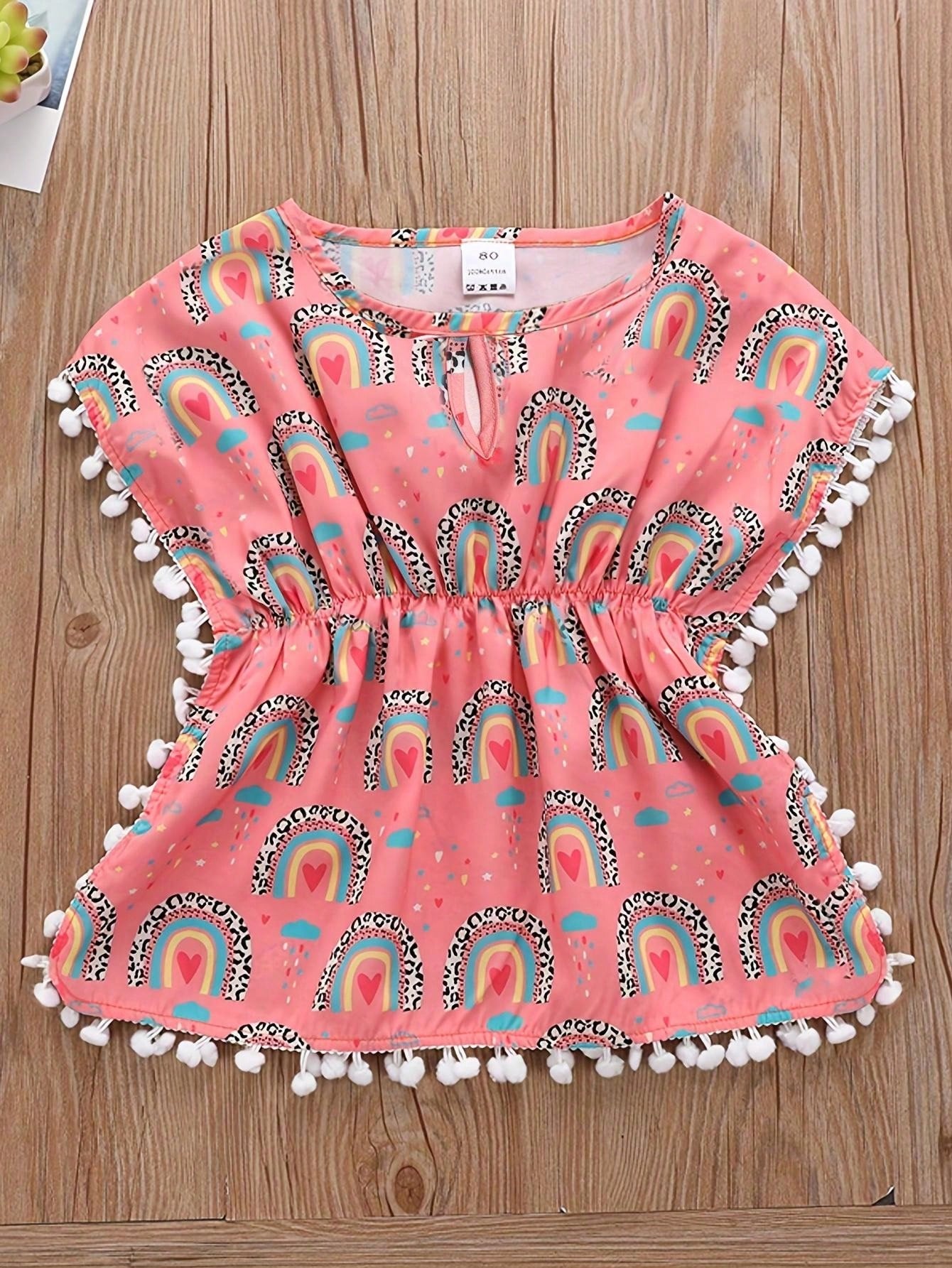 Young Girl Casual Pompom Decor Swimsuit Cover Up Clothes