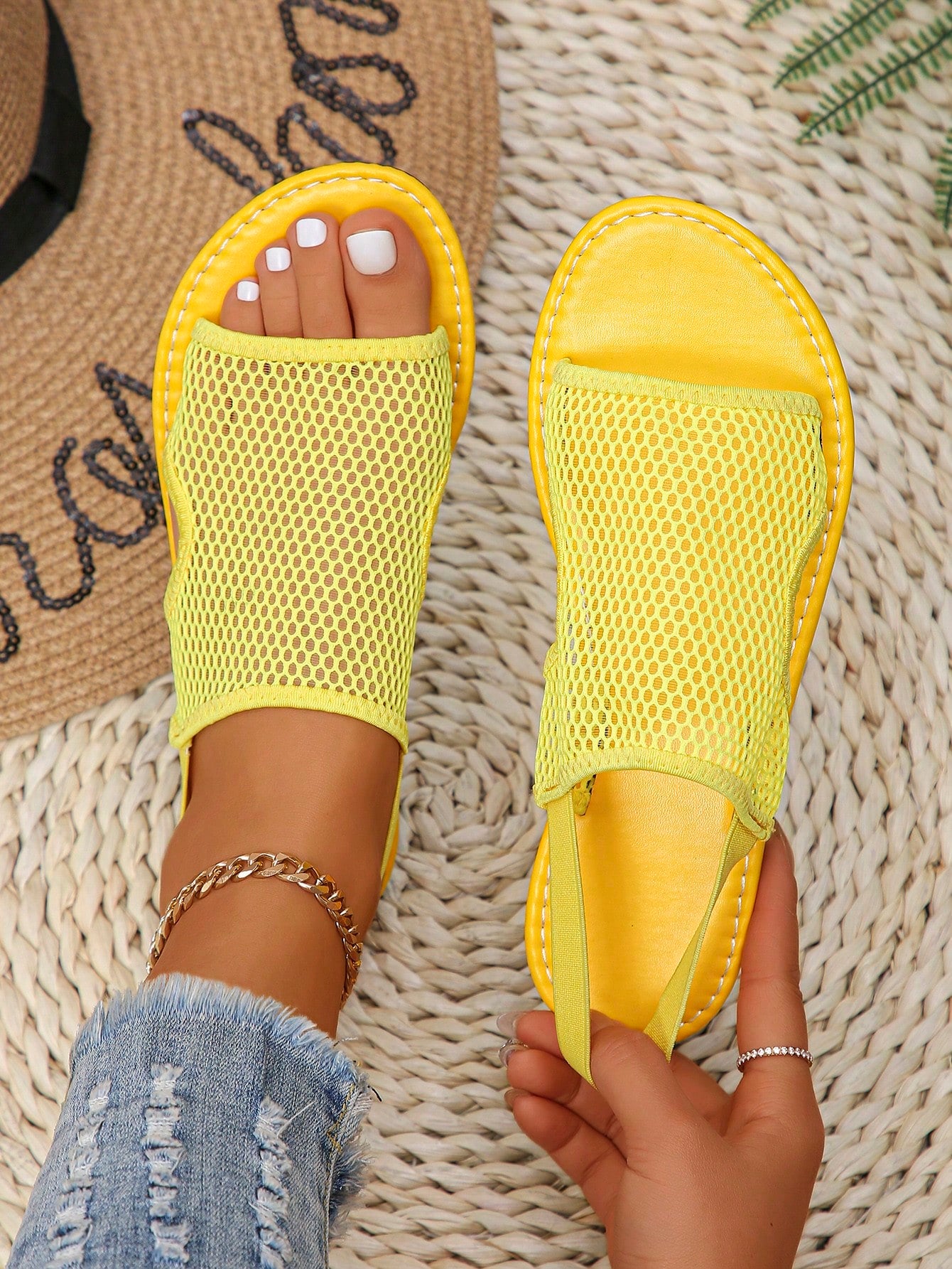 Women's Open Toe Elastic Band Flats Casual Sandals, Non-Slip Outdoor Beach Party Shoes