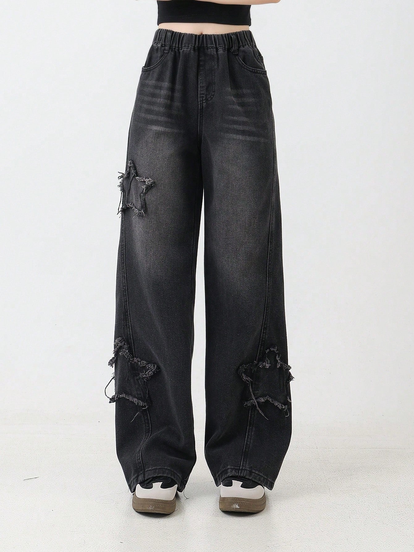 Tween Girl Blue Straight Leg Casual Jeans With Five-Pointed Star Embroidery