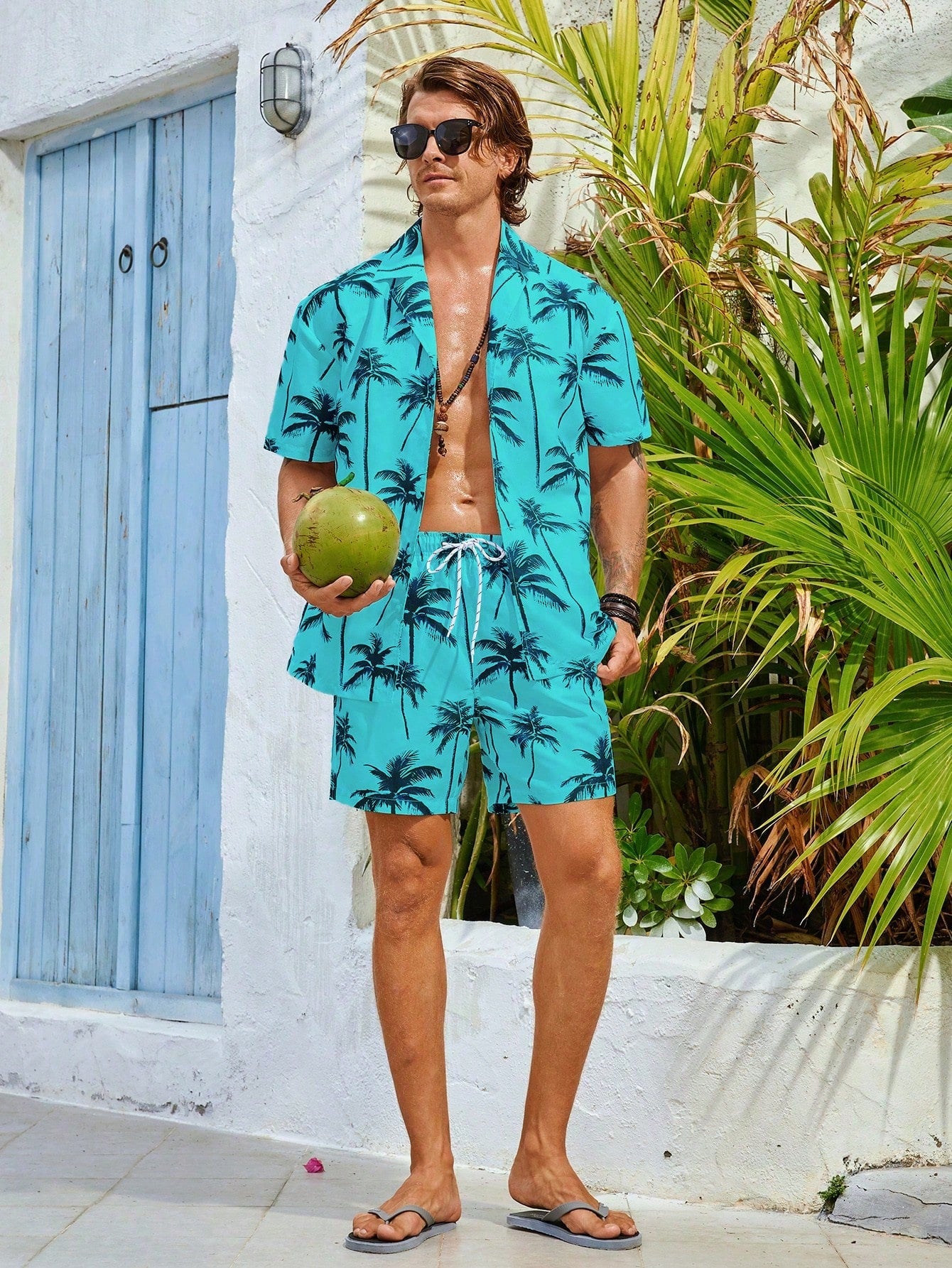 Men's Coconut Tree Printed Front Button Short Sleeve Top And Drawstring Shorts Summer Beach Outfit