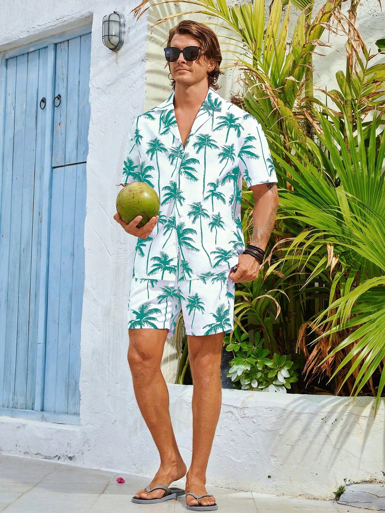 Men's Coconut Tree Printed Short Sleeve Shirt And Long Pants Beach Vacation Casual Set