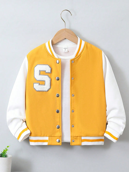 Tween Girl Spring & Autumn Letter Patch Striped Baseball Collar Loose Casual Jacket