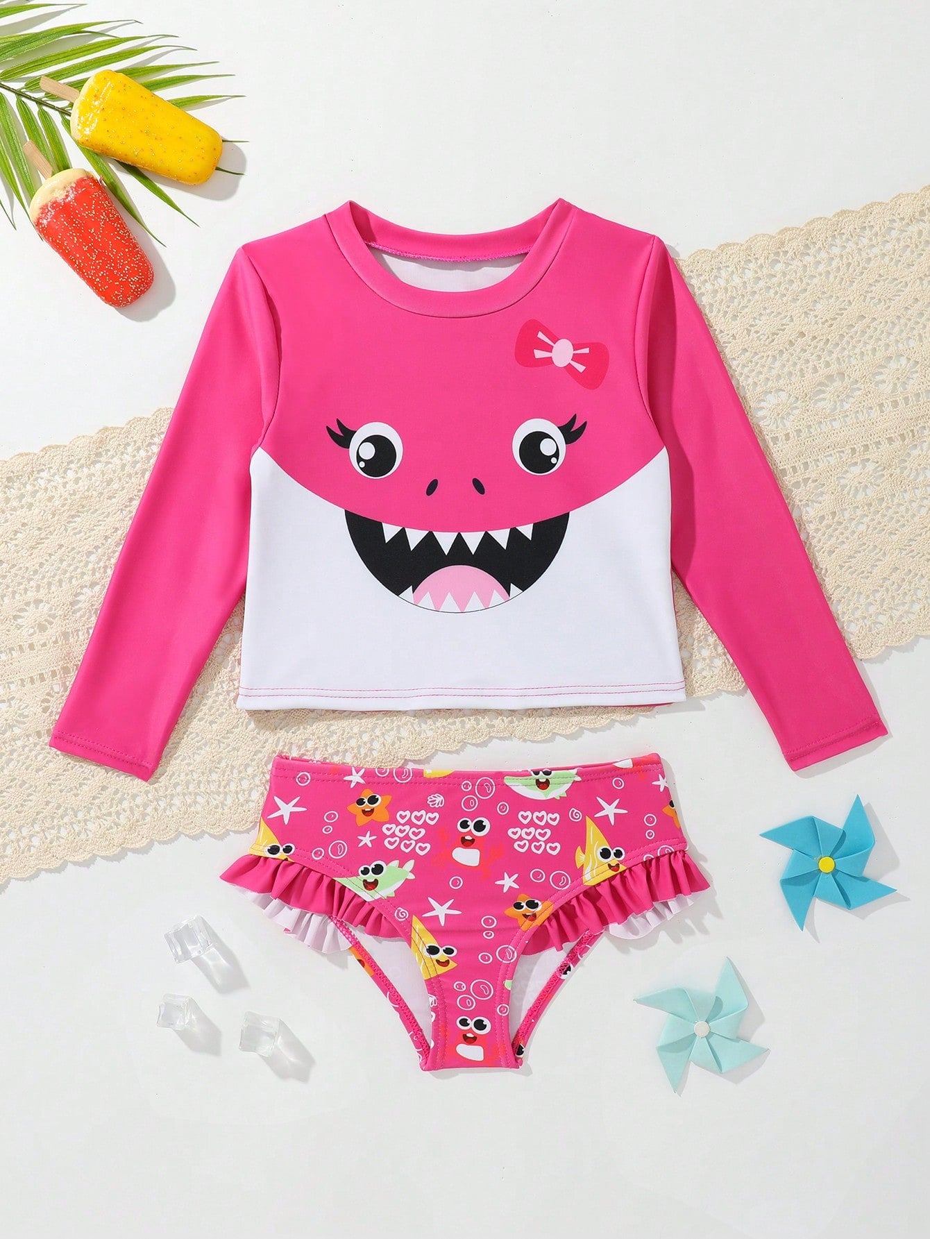 Young Girl Cute Shark Printed 2-Piece Swimsuit With Print Placement