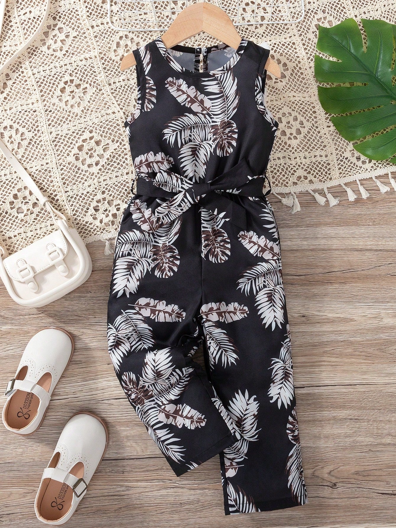 Young Girl Tropical Print Belted Tank Jumpsuit