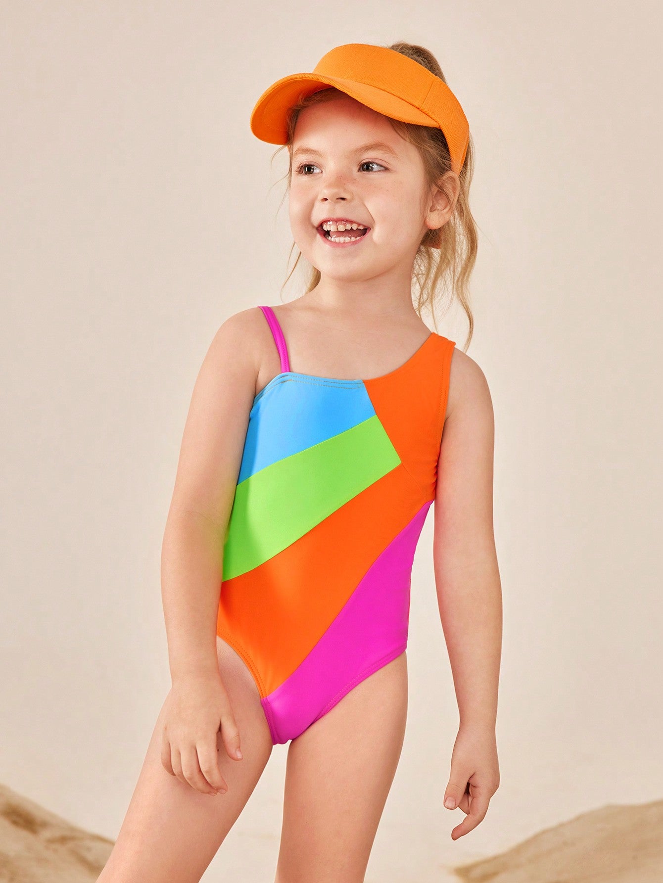 Young Girl Summer One-Piece Asymmetrical Neckline Swimsuit With Color Block, Stripes & Floral Print Design, Suitable For Beach And Pool