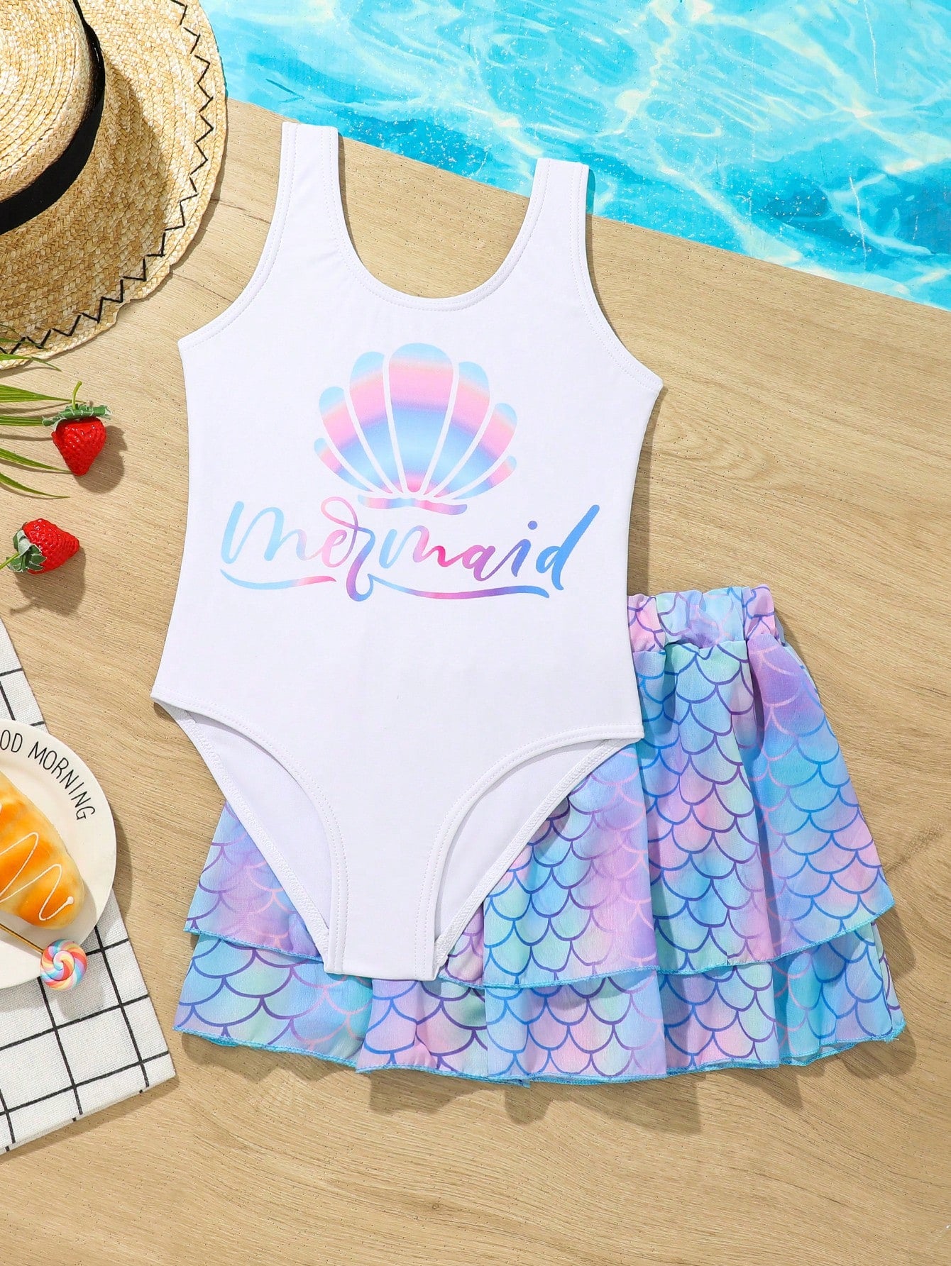 Young Girls One-Piece Lovely Blue Mermaid Tail Print Mesh Skirt Swimsuit With Scales Decor, Fashionable, Casual, Exquisite, Elegant, Suitable For Swimming, Vacation, Summer, Beach, Outings, Surfing And Pool Activities