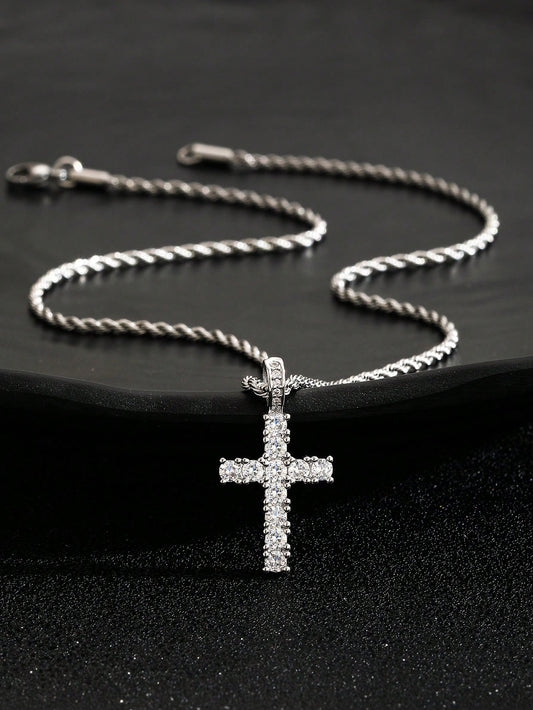 1pc Sparkling Exquisite Iced Out Cubic Zirconia Cross Pendant Stainless Steel Rope Chain Necklace For Boys Girls Gracious Luxury Party Jewelry For Children Birthday Gift & Daily Decoration