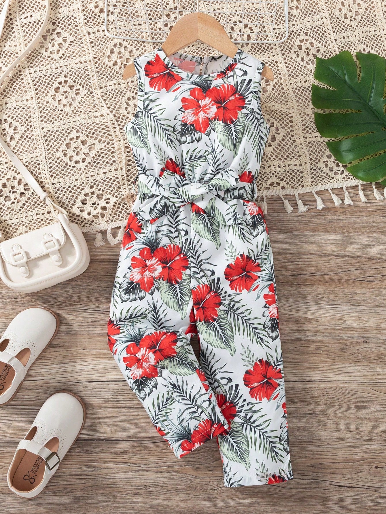 Young Girl Tropical Print Belted Tank Jumpsuit