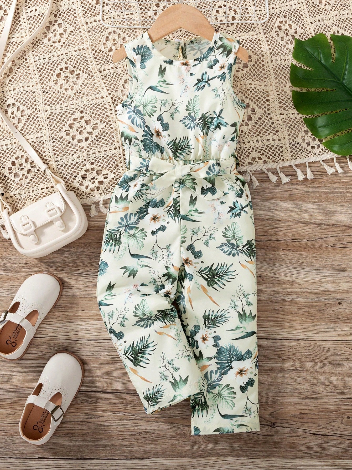 Young Girl Tropical Printed Waist-Tied Jumpsuit With Vest Top