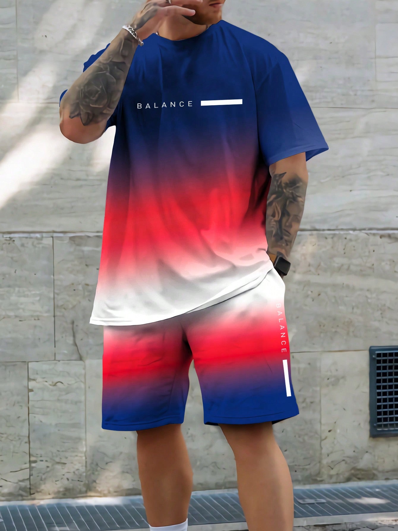 Men Summer Gradient Letter Printed Round Neck Short Sleeve Casual T-Shirt And Shorts Set