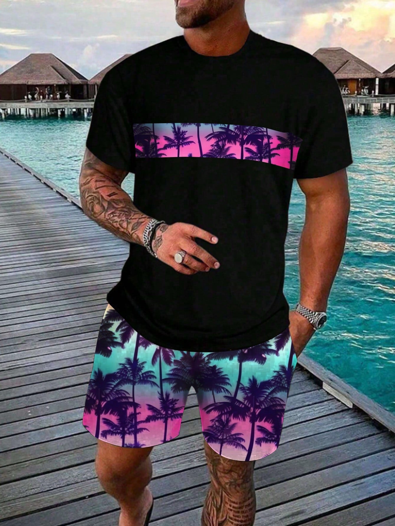 Men Summer Vacation Lounge Coconut Tree Printed Short Sleeve T-Shirt And Shorts Set