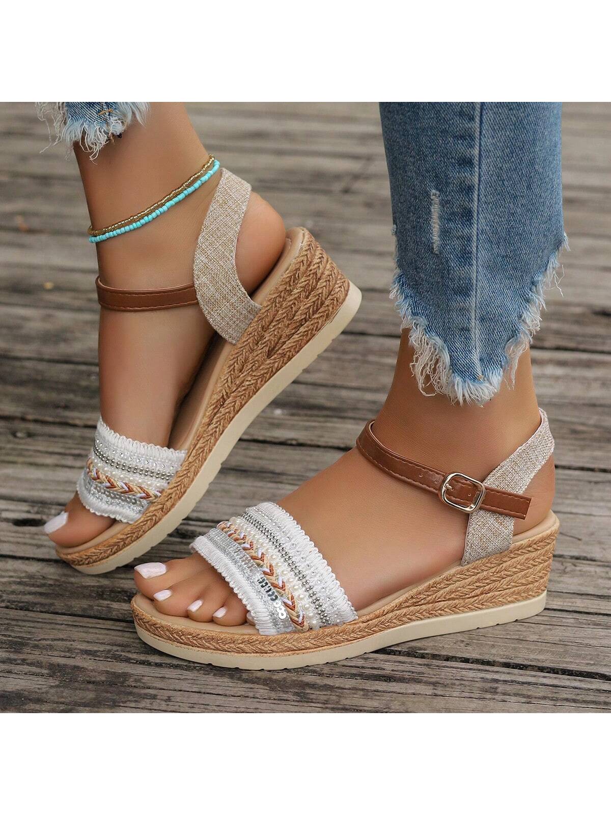 2024 New Summer Women Wedge Heel Waterproof Non-Slip Sandals With Fashionable Chunky Heel One-Strap Buckle High Heels For Outdoor Use