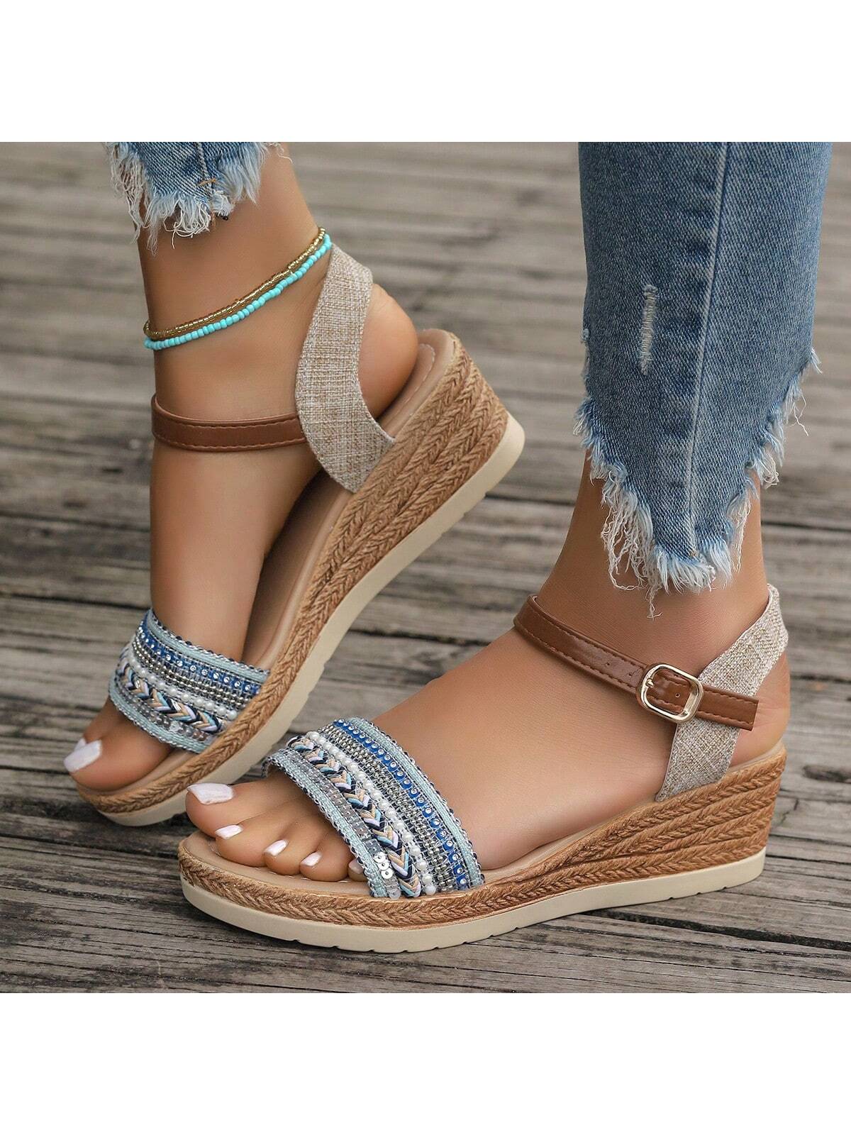 2024 New Summer Women Wedge Heel Waterproof Non-Slip Sandals With Fashionable Chunky Heel One-Strap Buckle High Heels For Outdoor Use