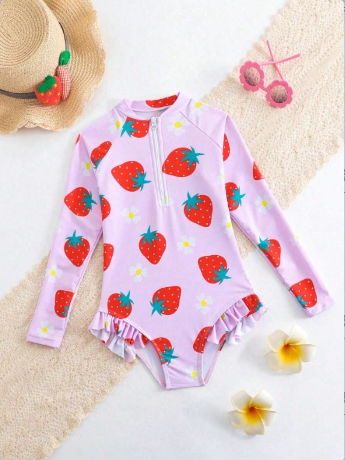 Young Girl Cute Tropical Plant Print One-Piece Swimsuit