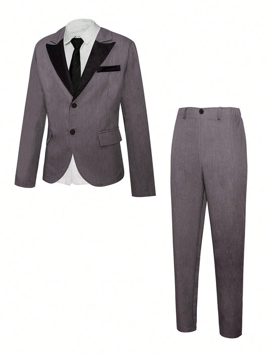 Gentlemen's Clothing 2pcs Grey Lapel Long Sleeve Jacket And Trousers,  & Fashionable For Birthday Party, Evening Performance And Wedding