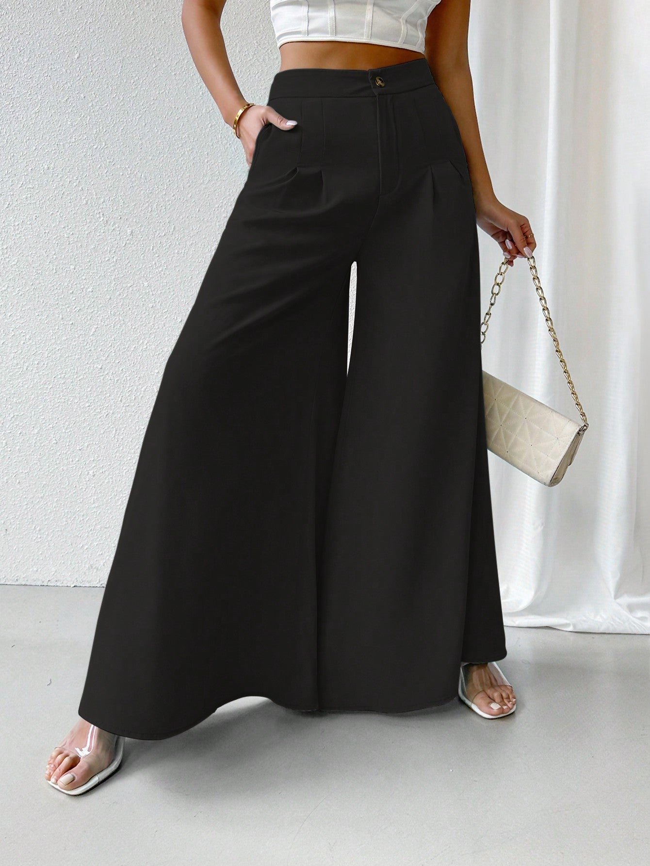 Ladies' Solid Color Pleated Wide Leg Dress Pants