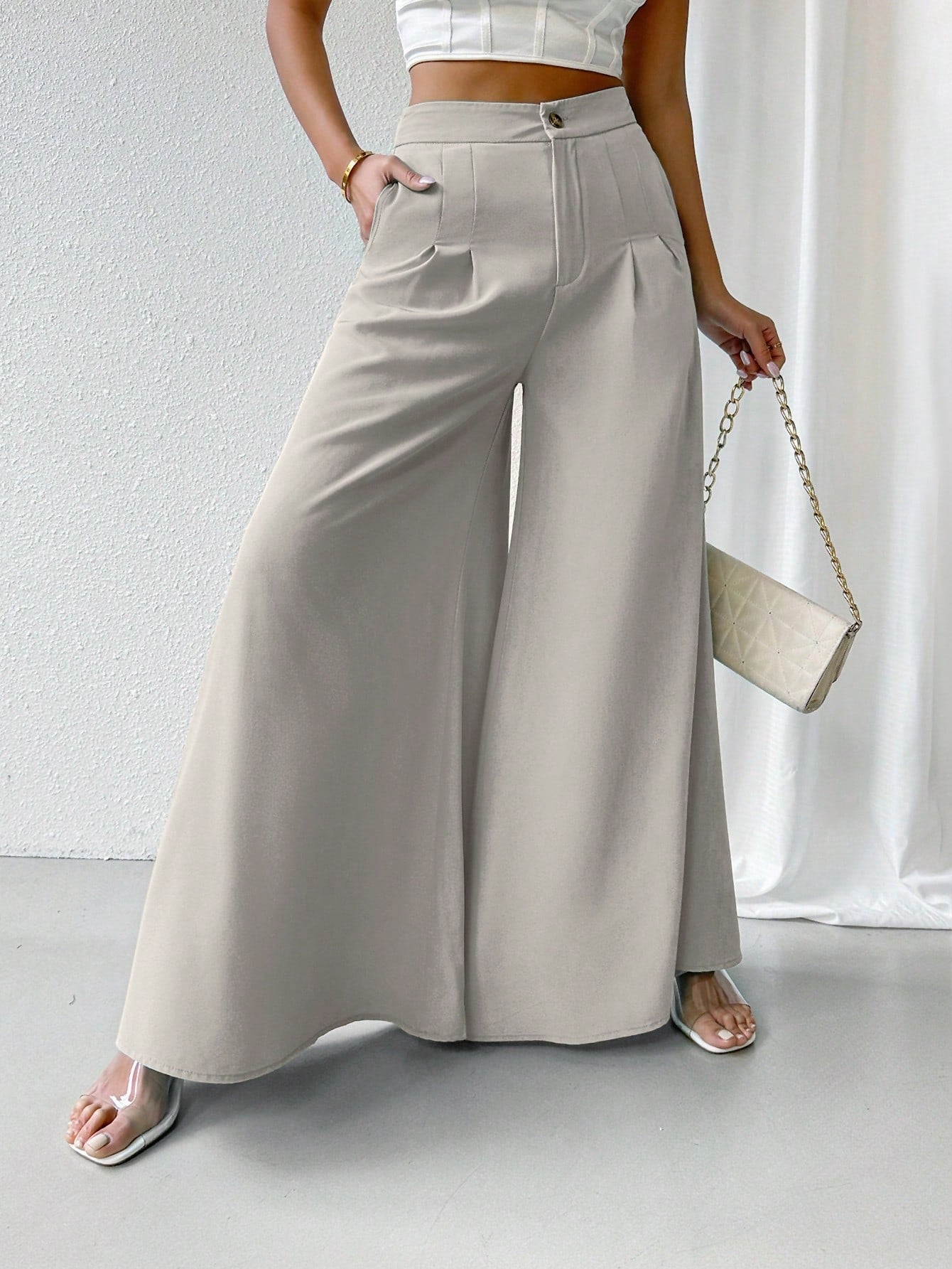 Ladies' Solid Color Pleated Wide Leg Dress Pants