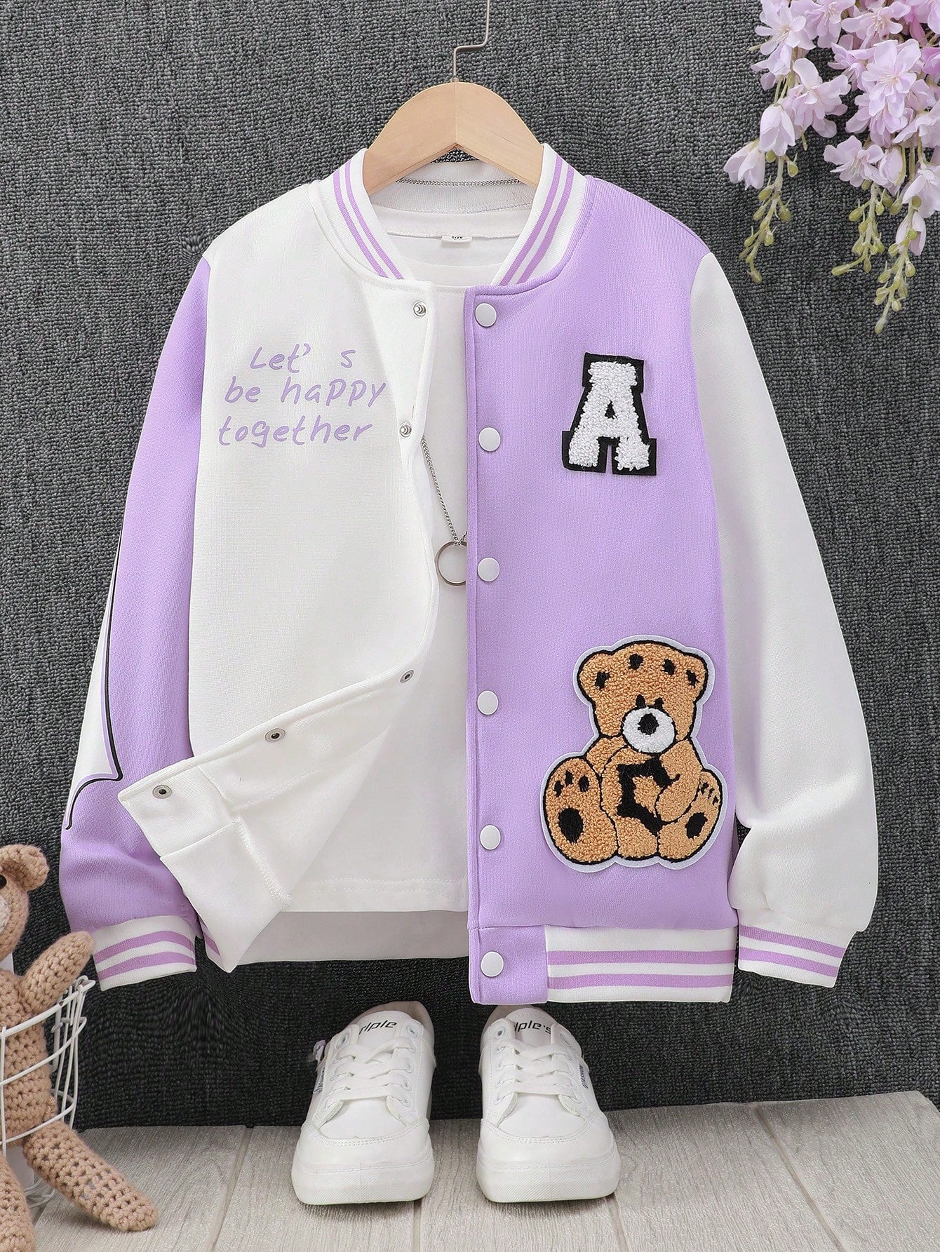 Teen Girl Spring/Autumn Casual Baseball Collar Jacket With Letter, Teddy Bear And Star Patches Long Sleeve Coat