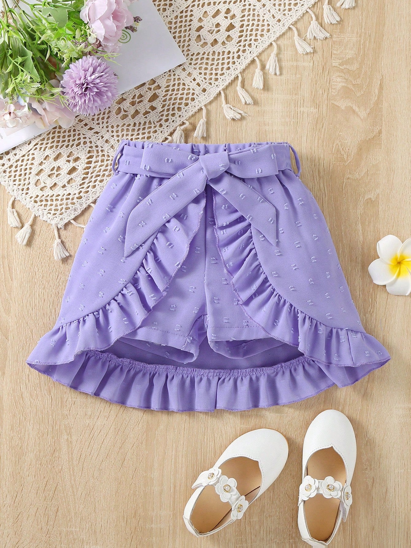 Young Girl Pastel Pink Solid Color Vacation Style Shorts With Ruffle Hem, Basic And Versatile For Summer