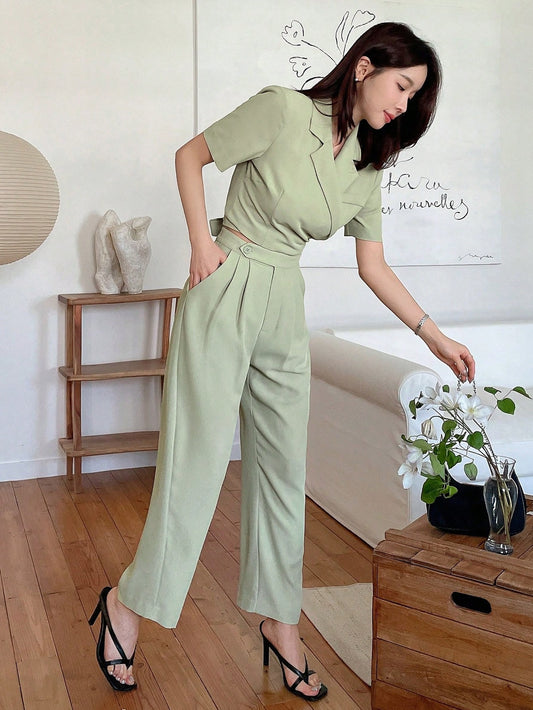 Women's Summer Casual Solid Color Short Sleeve Wrap Top And Long Pants Suit